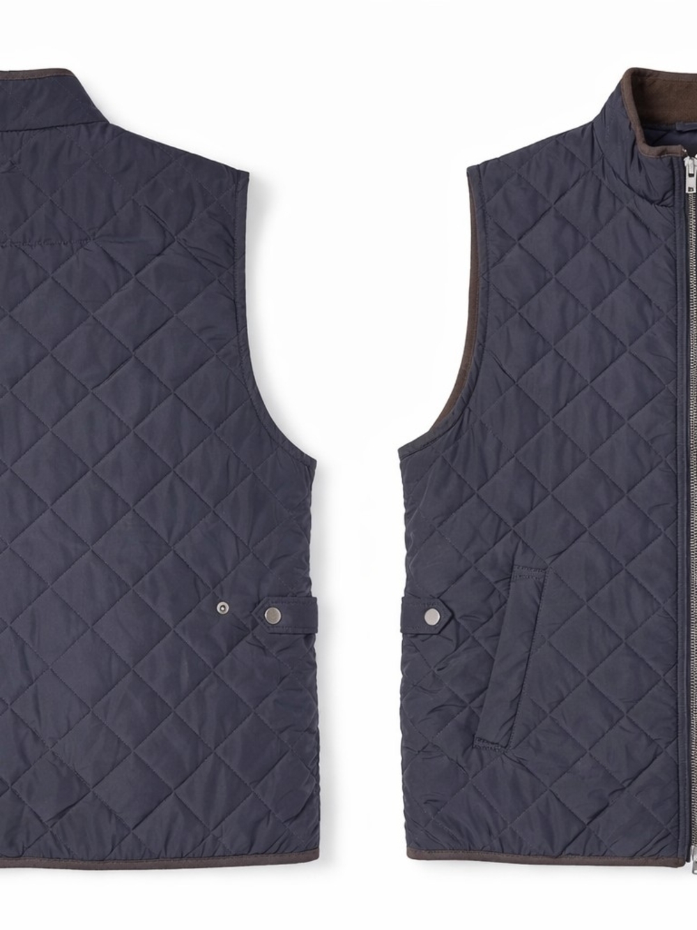 Tahari Men’s Med Quilted Full-Zip Vest Navy Blue Brown Fleece Trim Pockets
